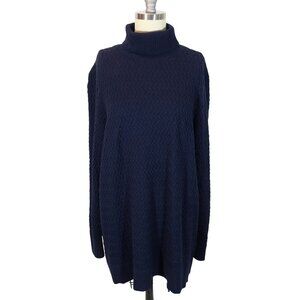 LANDS END Cable Knit Cotton Turtleneck Tunic Sweater XLp Classic Preppy Navy